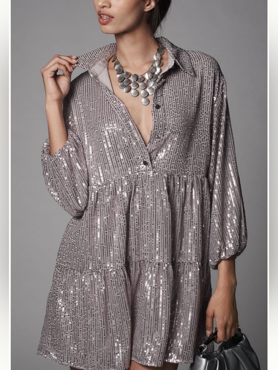Maeve Dresses & Skirts - Anthropologie Maeve Bettina Silver Sequin Tiered Shirt Dress EUC Large